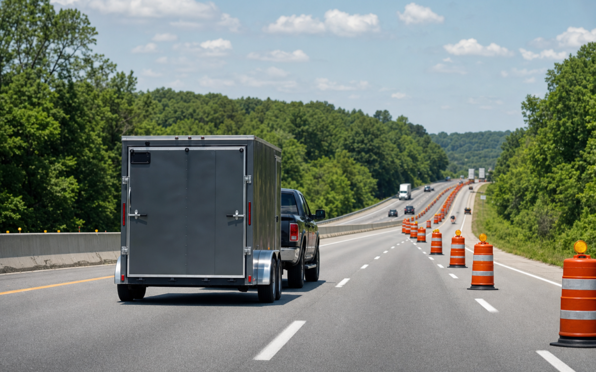 Pickup truck towing an enclosed utility trailer through an orderly highway work zone