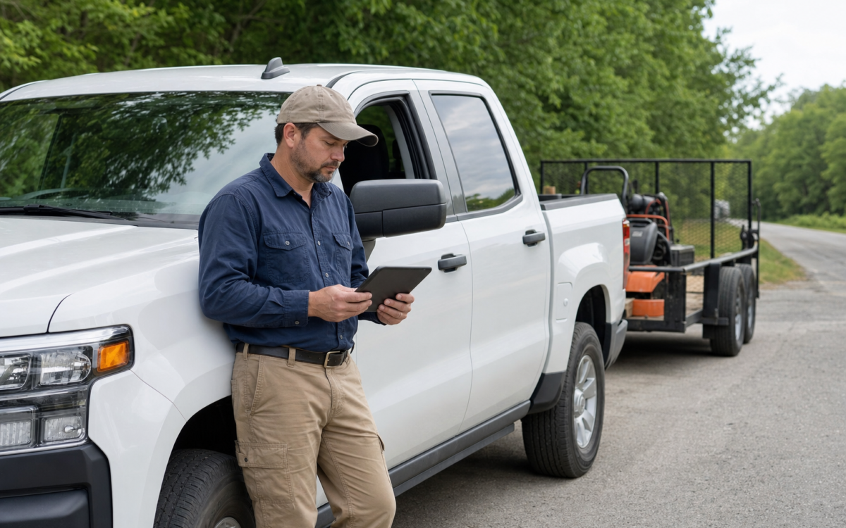 Transportation contractor reviewing a weekly plan beside a work truck and equipment trailer