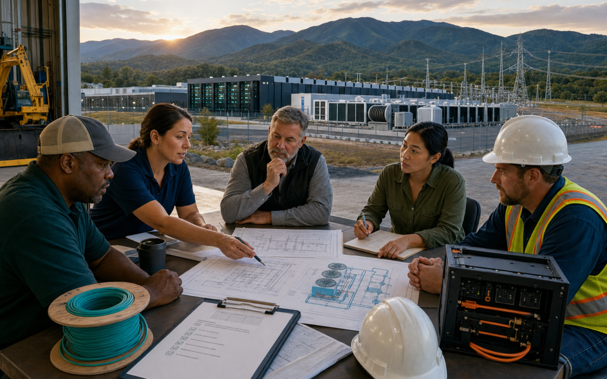 Five construction and electrical workers review blueprints near a data-center facility, with cable, safety equipment, power lines, and mountains in view.